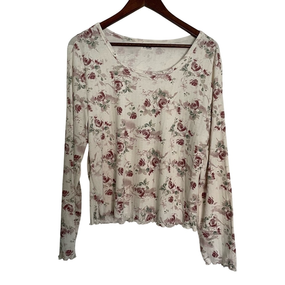 Womens XL Rose Floral Ribbed Long Sleeve Top Lettuce Hem Cottagecore Coquette